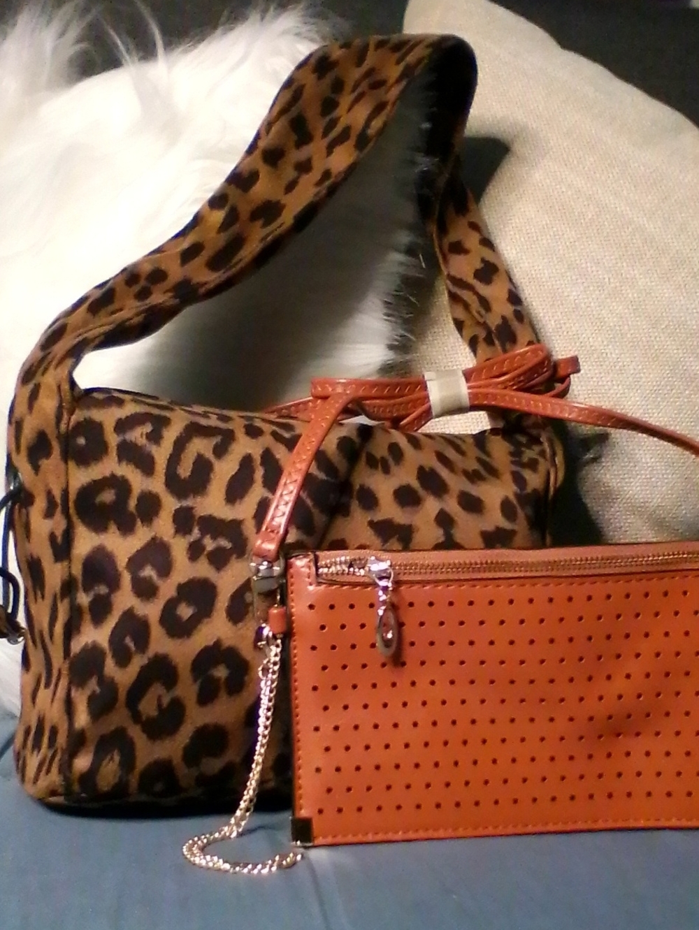 Leopard Print Shoulder Bag with Tan Perforated Wristlet